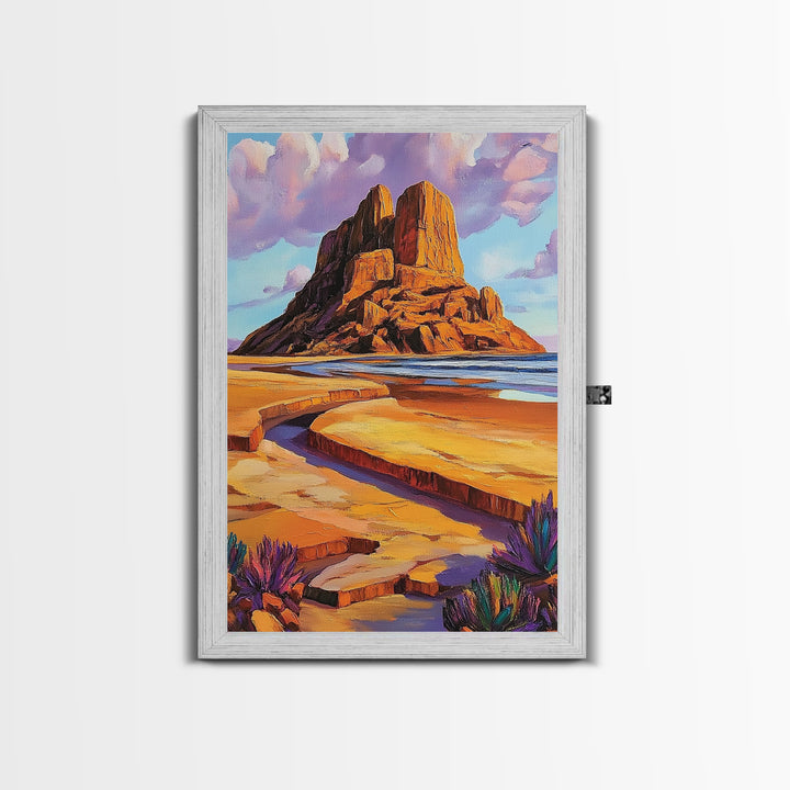 Desert Monolith, Canyon Rock, Purple Sky, Southwest Vibes, Framed Canvas Print, Boho Wall Art, Desert Landscape, Office Wall Decor