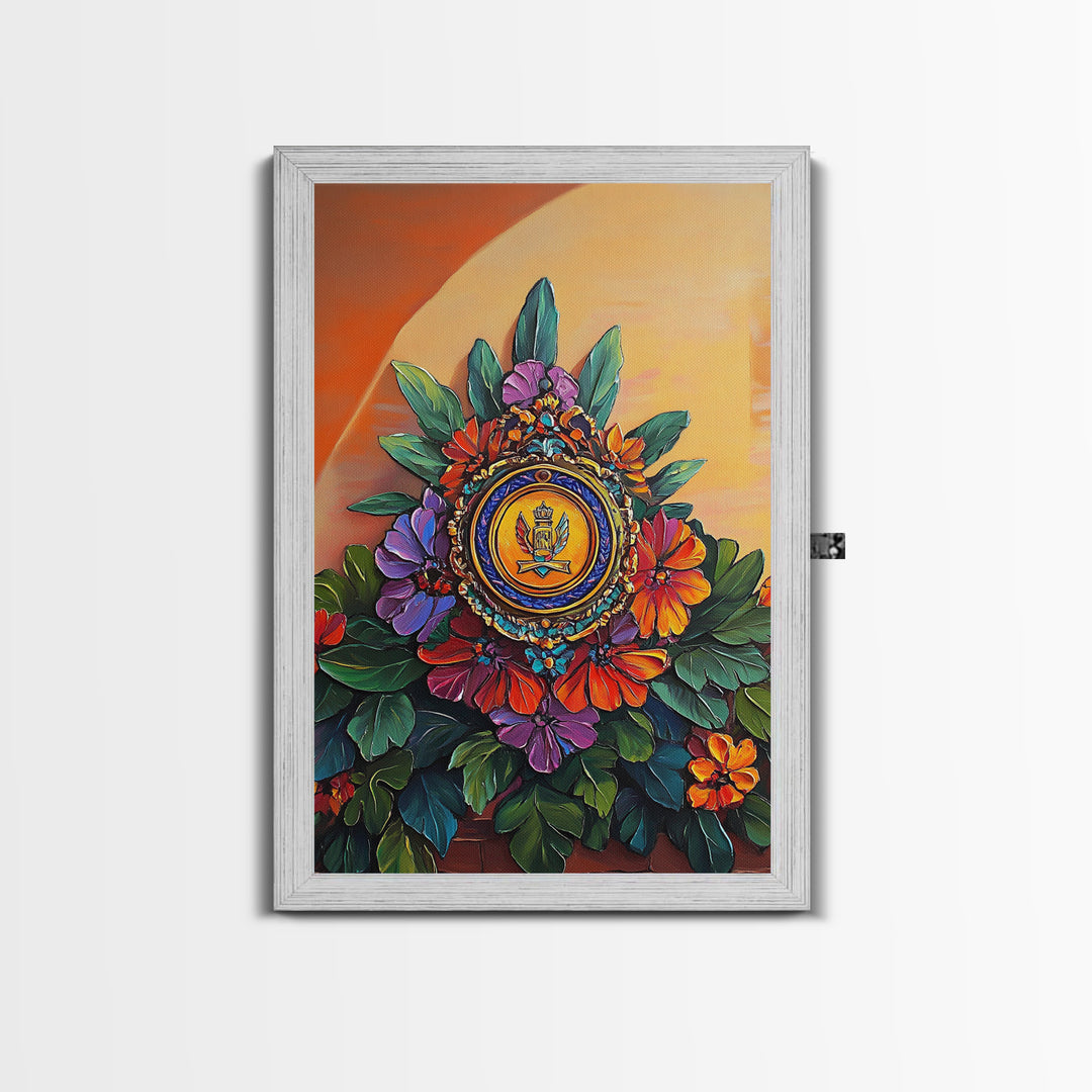 Royal Crest, Floral Emblem, Mediterranean Decor, Vibrant Details, Framed Canvas Print, Kitchen Wall Art, Spanish Wall Art, Regal Vibe