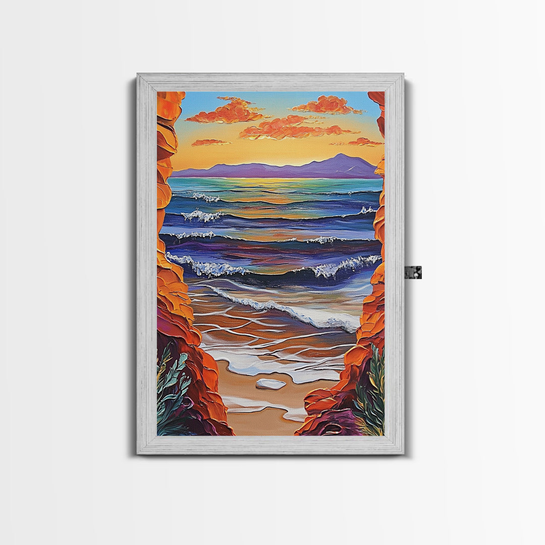 Ocean Horizon, Cliffside View, Sunset Waves, Peaceful Seascape, Framed Canvas Print, Living Room Wall Art, Beach Window View