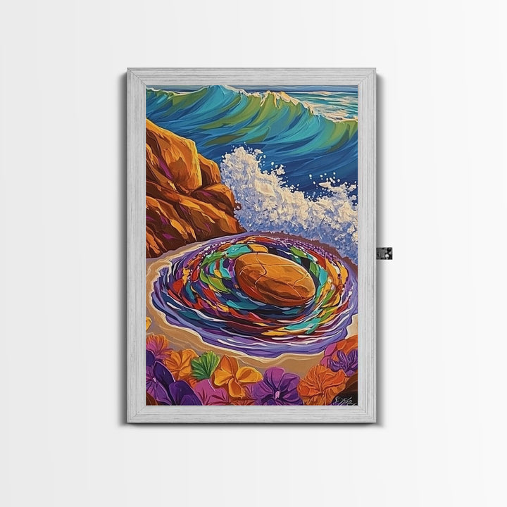 Ocean Spiral Stones, Coastal Zen Art, Sea Energy Waves, Framed Canvas Print, Boho Beach Wall Art, Meditation Room Decor, Nature Spiritual Art
