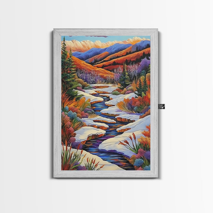 Autumn Snow Creek, Mountain Fall Scene, Nature River Painting, Framed Canvas Print, Cozy Living Room Wall Art, Rustic Cabin Style