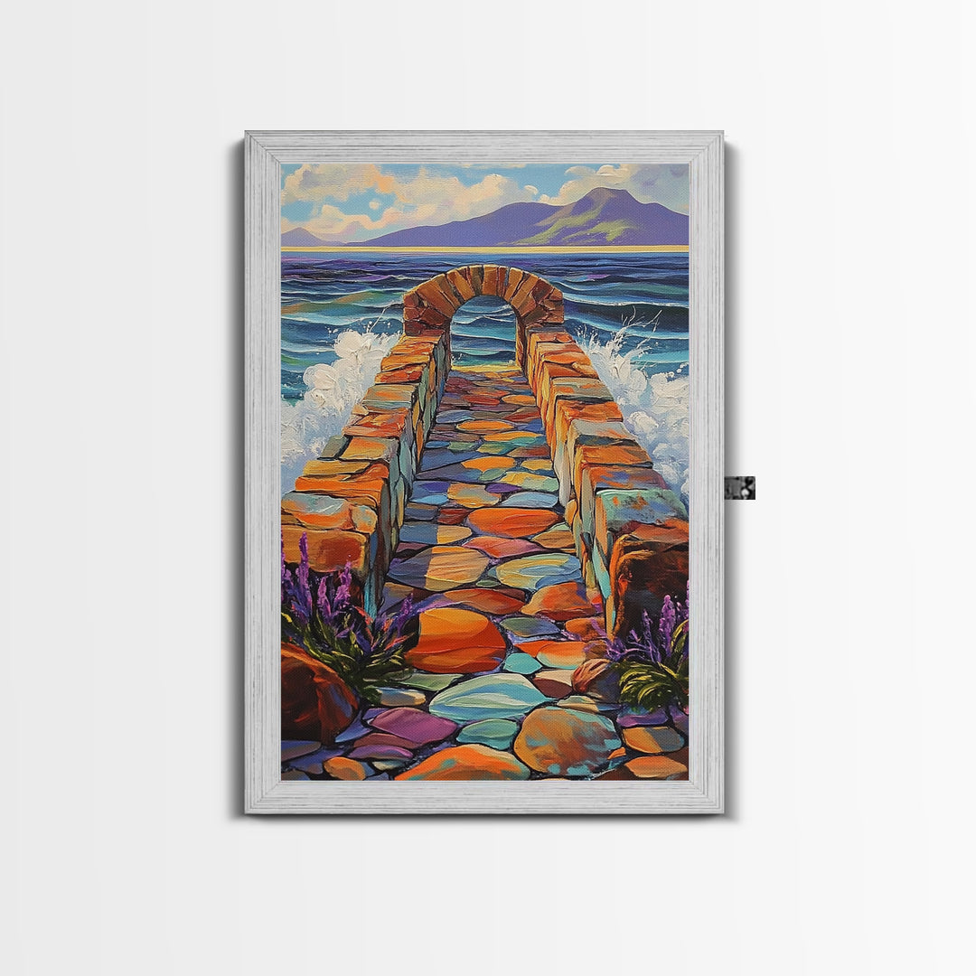 Ocean Stone Path Painting, Canvas Print, Coastal entryway art, vibrant beach decor, boho landscape print, nautical wall piece