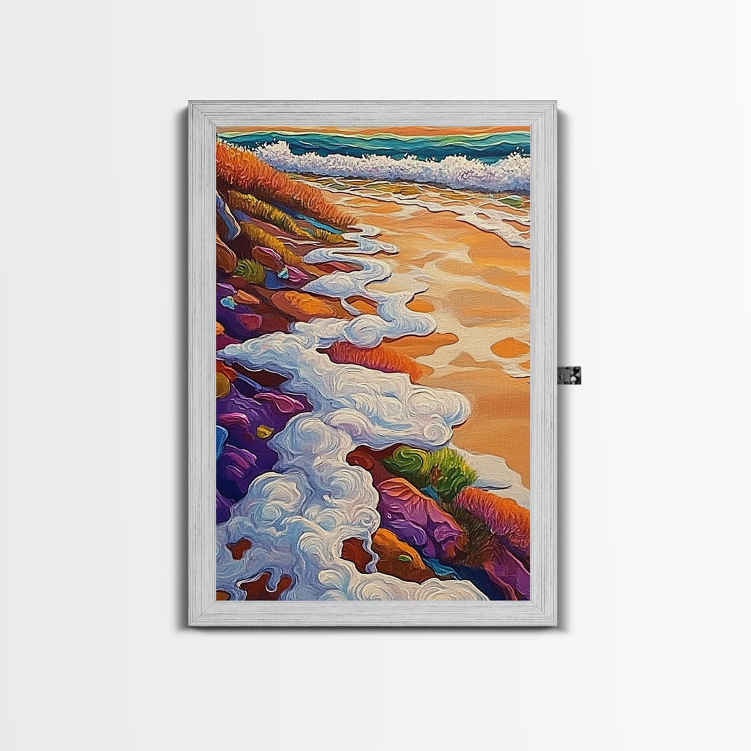 Ocean Shore Foam, Abstract Beach Scene, Coastal Texture Art, Framed Canvas Print, Summer Bathroom Wall Art, Vibrant Seaside Style