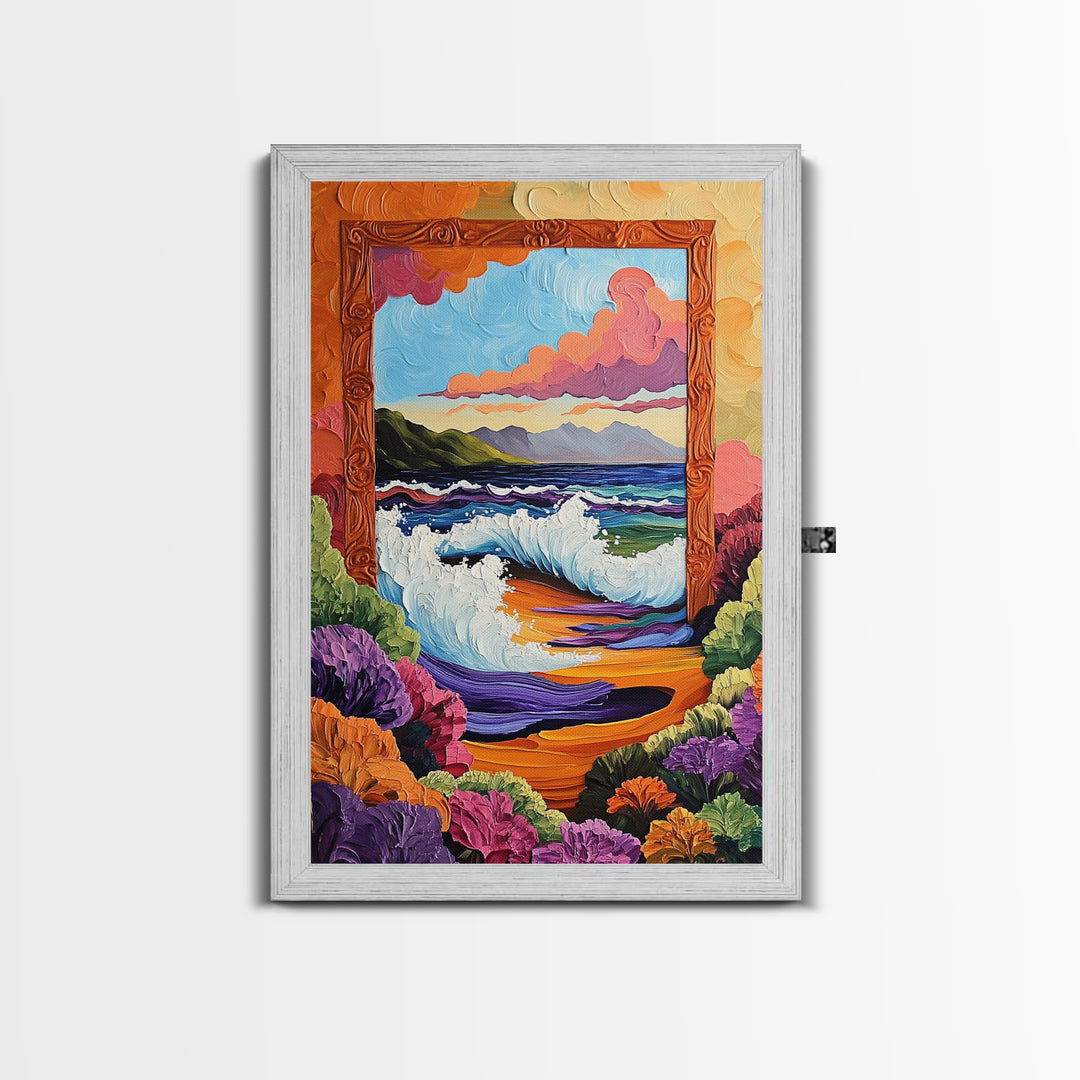 Ocean Frame, Crashing Waves, Surreal Seascape, Floral Shoreline, Framed Canvas Print, Coastal Wall Art, Bathroom Decor, Dreamy Beach Art
