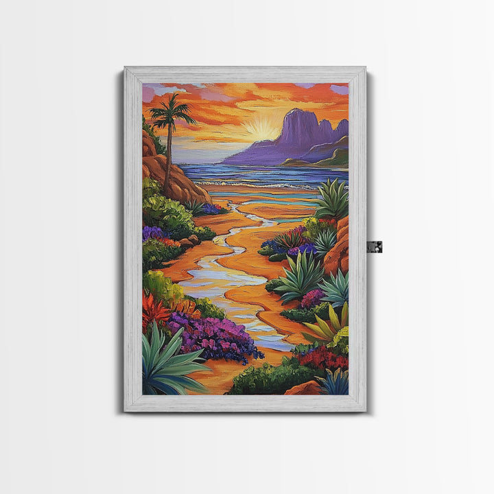 Desert Beach, Mountain Sunset, Ocean Stream, Palm Tree — Framed Canvas Print vibrant landscape wall art, boho living room, beach house decor