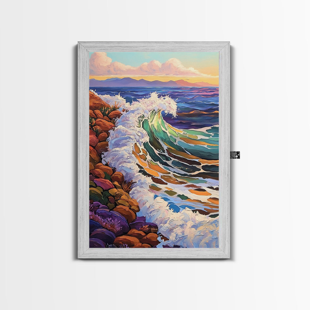 Crashing Ocean Wave, Rocky Coastline Scene, Vibrant Beach Art, Framed Canvas Print, Nature Inspired, Coastal Living Room Wall Art