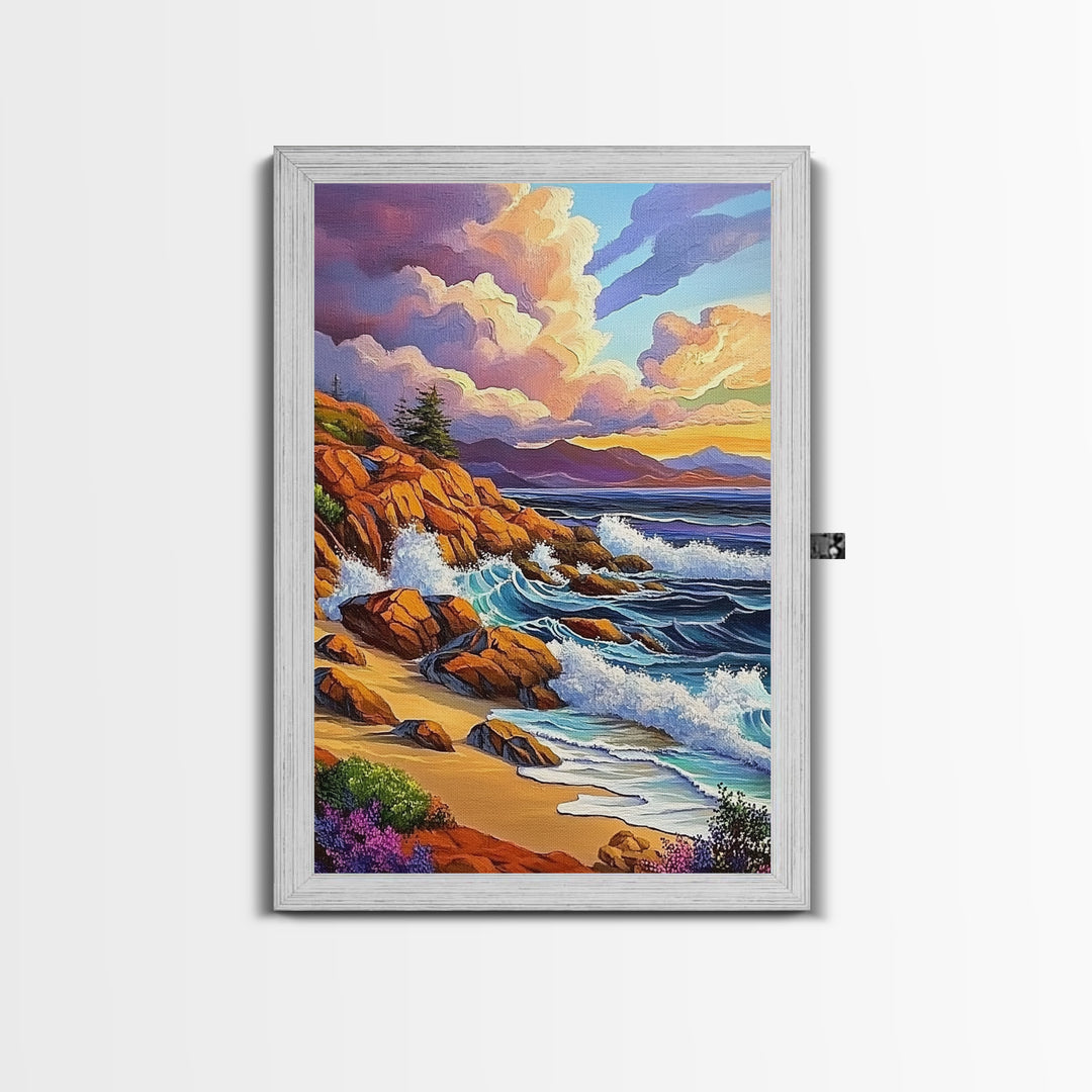 Rocky Beach Landscape, Dramatic Sky Scene, Coastal Ocean View, Canvas Print, Fall Nature Decor, Living Room Wall Art