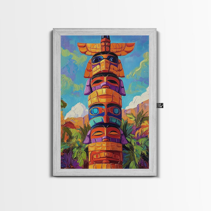 Totem Pole Painting, Tribal Inspired Decor, Canvas Print, Vibrant Wall Art, Boho Art Style, Entryway Statement Art, Unique Cultural Art