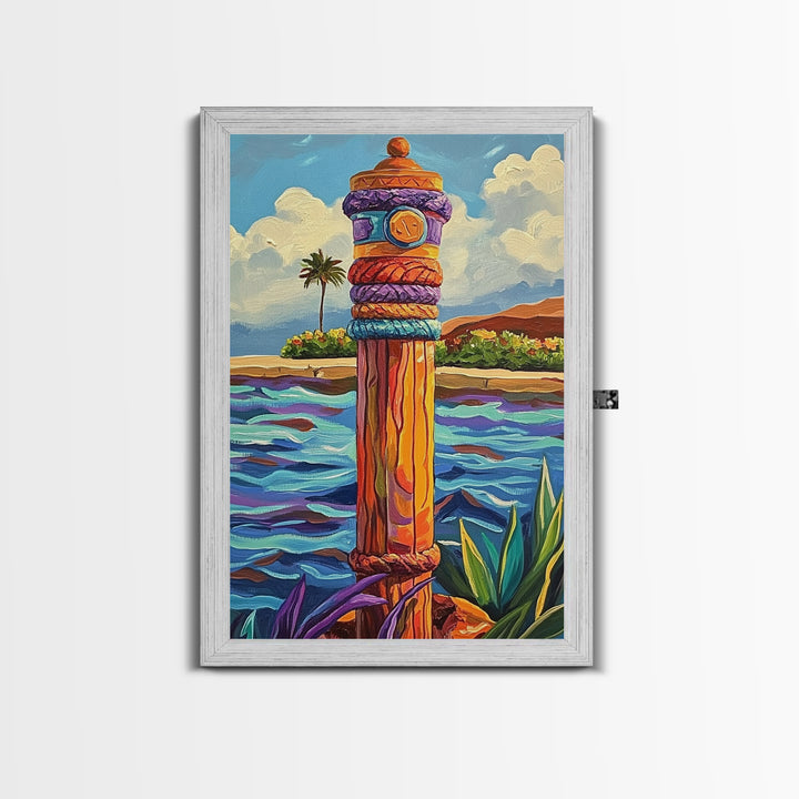 Nautical Pole Art, Tropical Shoreline Decor, Canvas Print, Coastal Boho Wall Art, Bathroom Beach Theme, Island Inspired Design