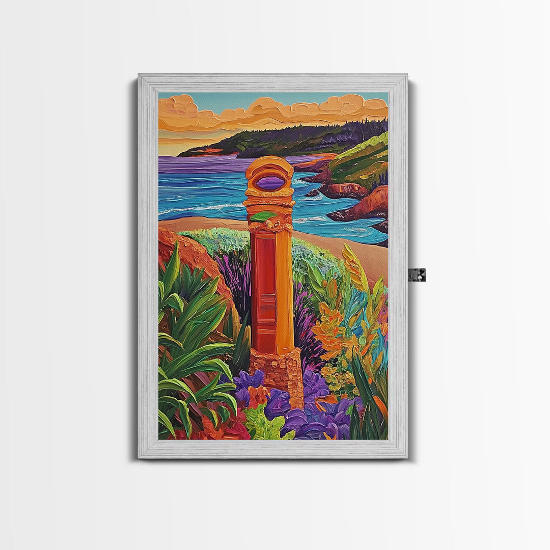 Coastal Landmark Art, Beach Garden View, Framed Canvas Print, Vibrant Landscape Wall Art, Sunroom Decor, Bright Coastal Scene