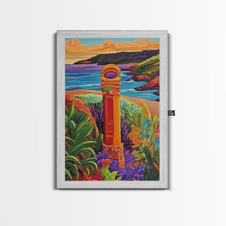 Coastal Landmark Art, Beach Garden View, Framed Canvas Print, Vibrant Landscape Wall Art, Sunroom Decor, Bright Coastal Scene