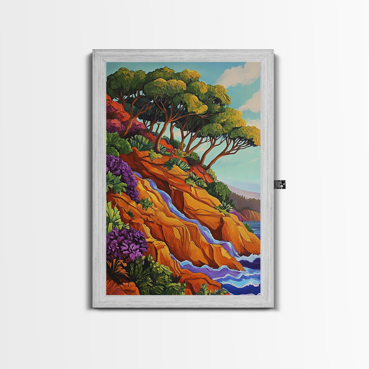 Cliffside Trees Flow, Coastal Waterfall Art, Canvas Print, Scenic Nature Wall Decor, Spa Bathroom Wall Art, Tranquil Landscape Scene