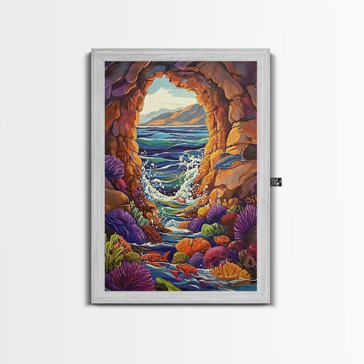 Ocean Cave Window, Underwater Scene, Marine Life, Coral Reef, Framed Canvas Print, Bathroom Wall Art, Coastal Decor, Nautical Art