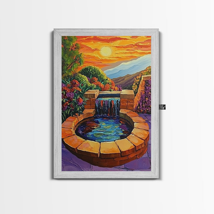 Brick Fountain Sunset, Peaceful Garden Oasis, Warm Tones, Autumn Wall Art, Framed Canvas Print, Serene Patio or Hallway Decor