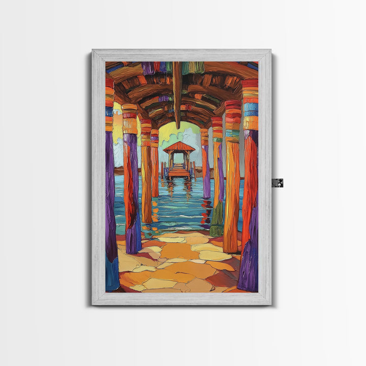 Dock Walkway, Tropical Pier, Ocean View, Beach Art, Framed Canvas Print coastal home decor, hallway wall art, vibrant nautical painting