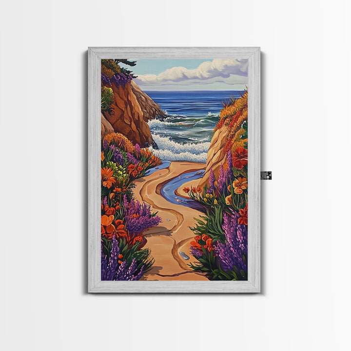 Coastal Path, Floral Trail, Ocean View, Beach Landscape, Framed Canvas Print, boho art, hallway decor, tropical wall art, beach house art