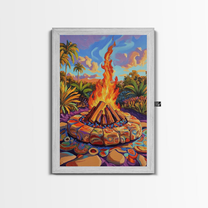 Campfire Palm Trees, Flame, Sunset, Framed Canvas Print tropical bonfire art, cozy fire pit painting, Fall decor, outdoor living room wall art