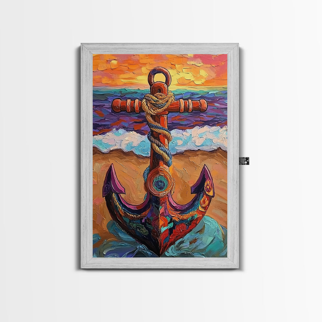 Nautical Anchor, Sunset, Coastal, Framed Canvas Print, ocean sunset art, beach house decor, rustic nautical theme, Living Room or Office