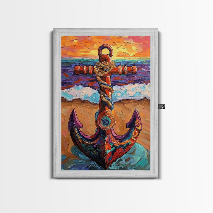 Nautical Anchor, Sunset, Coastal, Framed Canvas Print, ocean sunset art, beach house decor, rustic nautical theme, Living Room or Office