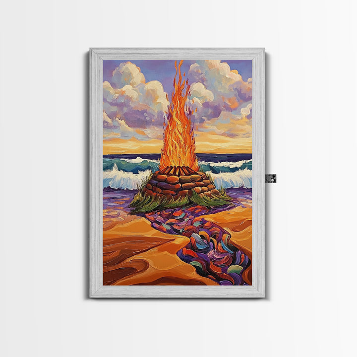 Bonfire Beach, Twilight, Ocean, Framed Canvas Print fire pit artwork, vibrant beach decor, ocean waves and flames, Fall living room wall art