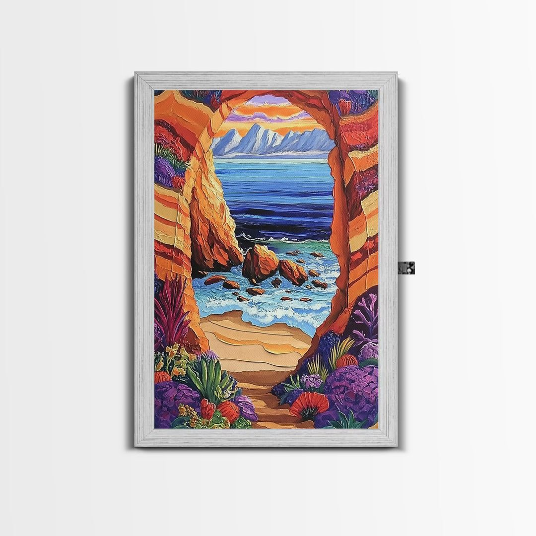 Coastal Archway, Ocean, Escape, Framed Canvas Print bold beach cave painting vivid seascape arch view boho tropical living room wall decor