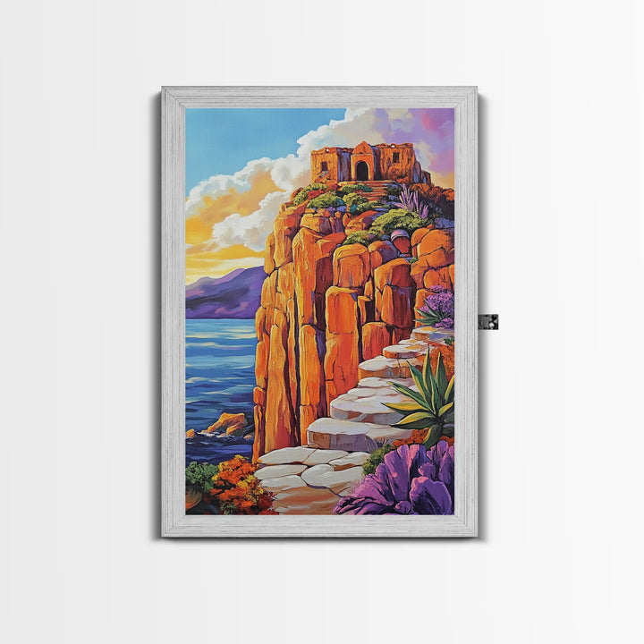Cliffside Ruins, Ocean, Sunset Ancient Fortress Art, Framed Canvas Print, Dramatic Living Room Wall Decor, Southwest Adventure Style