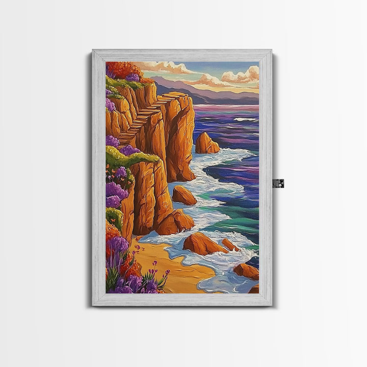 Ocean Cliffside, Path, Sunset, Canvas Print scenic ocean stairs artwork, coastal nature landscape print, Bedroom Wall Art, boho art