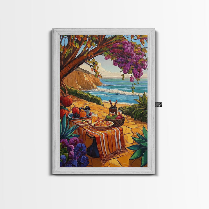 Picnic Beach, Fall Ocean, Framed Canvas Print cozy coastal picnic painting, fall harvest beachside art, Dining Room Wall Art, rustic art