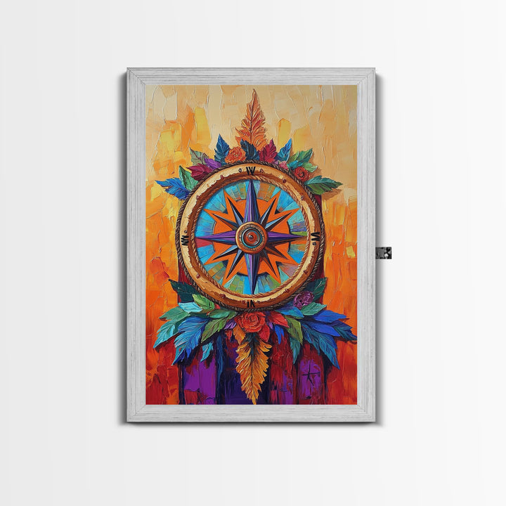 Compass, Rustic, Floral, Wall, Framed Canvas Print, Boho compass rose art with flowers, ideal bohemian home decor or entryway statement art