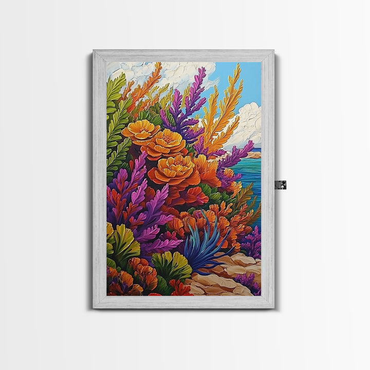 Coastal, Botanical, Garden, Flowers, Framed Canvas Print, Bright coastal flowers with ocean view, ideal summer vibe bathroom or patio wall art