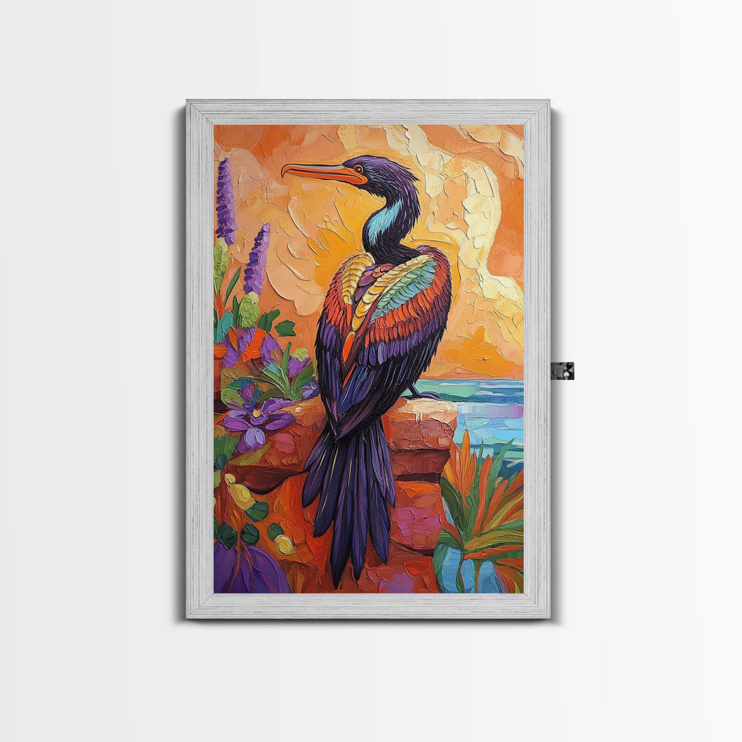 Bird, Tropical, Nature, Colorful, Framed Canvas Print, Exotic bird painting with vivid feathers, ideal eclectic living room wall art