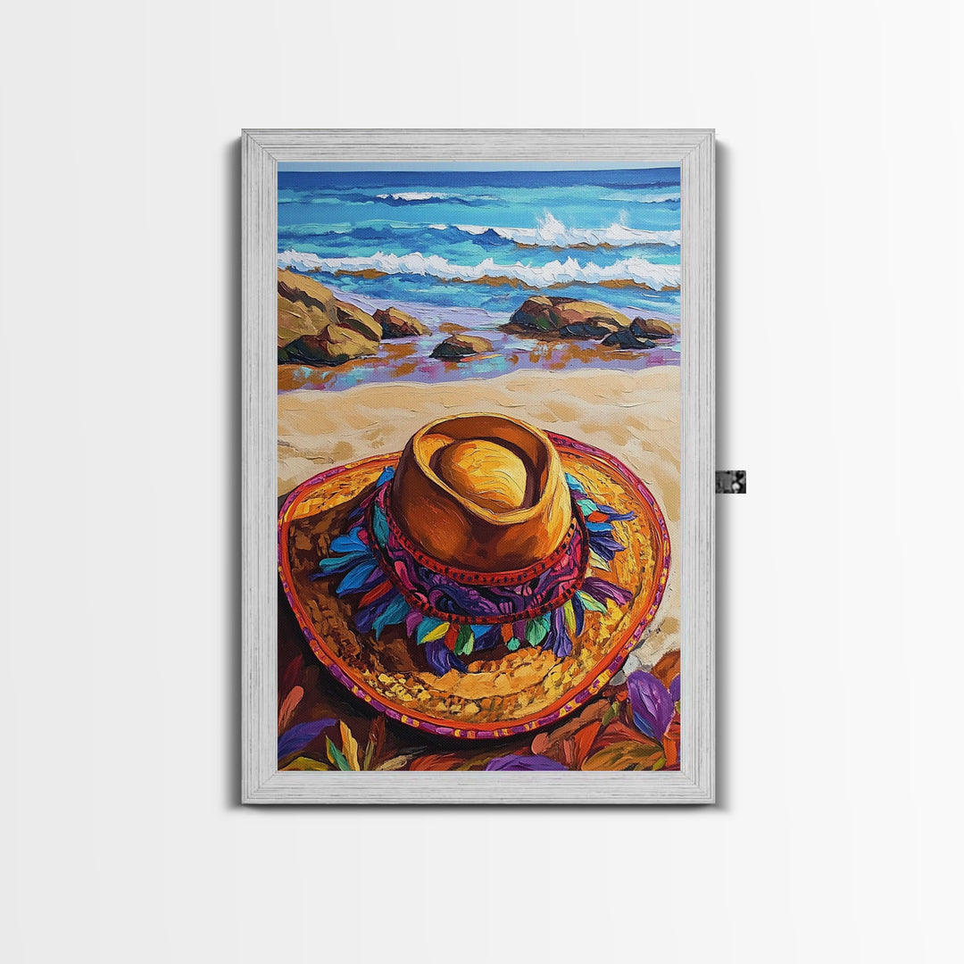Beach, Hat, Summer, Coastal, Canvas Print, Summer beach scene with festive sombrero, great coastal kitchen or vacation home wall art