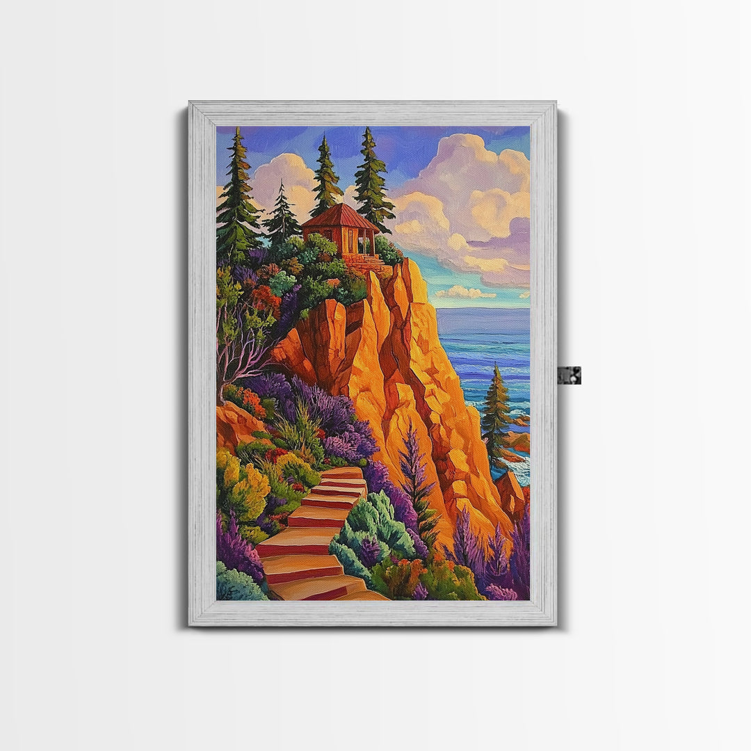 Cliff Cabin, Ocean, Trees, Framed Canvas Print, Seaside cabin on cliff with vivid trees and ocean view, rustic fall living room wall art