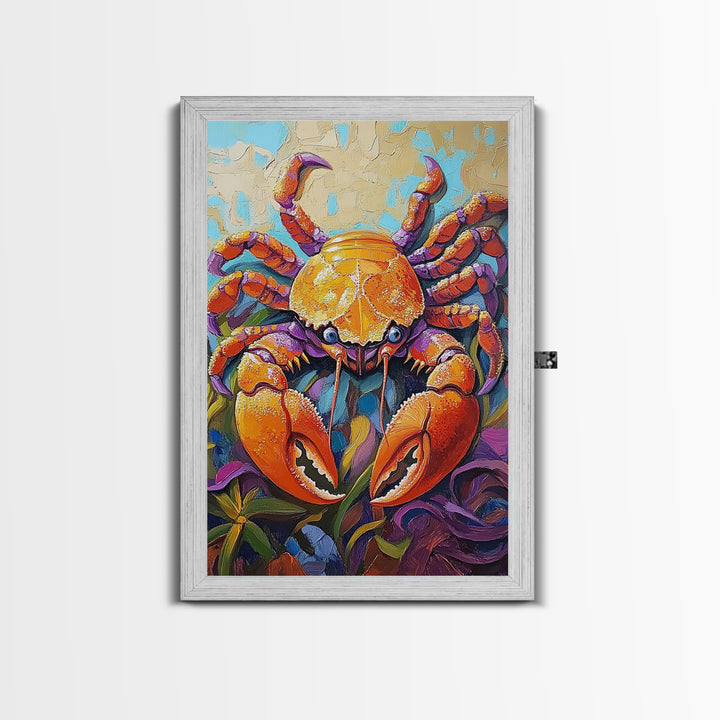 Crab Ocean, Bold, Seafood, Framed Canvas Print, Colorful crab painting with vivid detail, fun nautical art, beach kitchen decor
