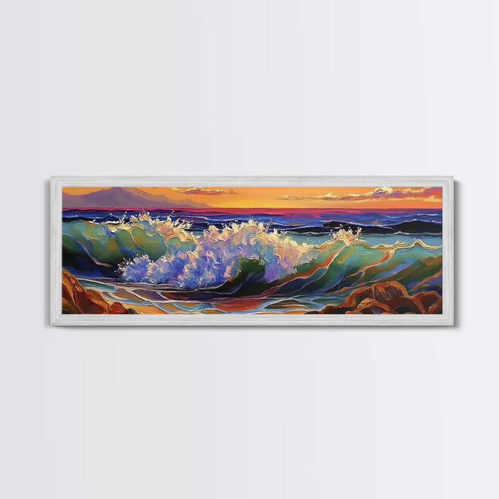 Breaking Wave, Seascape Sunset, Surf Art, Tranquil Ocean, Framed Canvas Print, Beach House Wall Art, Coastal Living Decor, Nature Scene