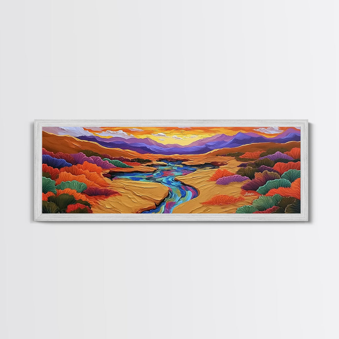 Desert River Sunset, Bold Nature Painting, Vibrant Landscape, Fall Wall Decor, Earthy Living Room Framed Canvas Print, Beach House Wall Art