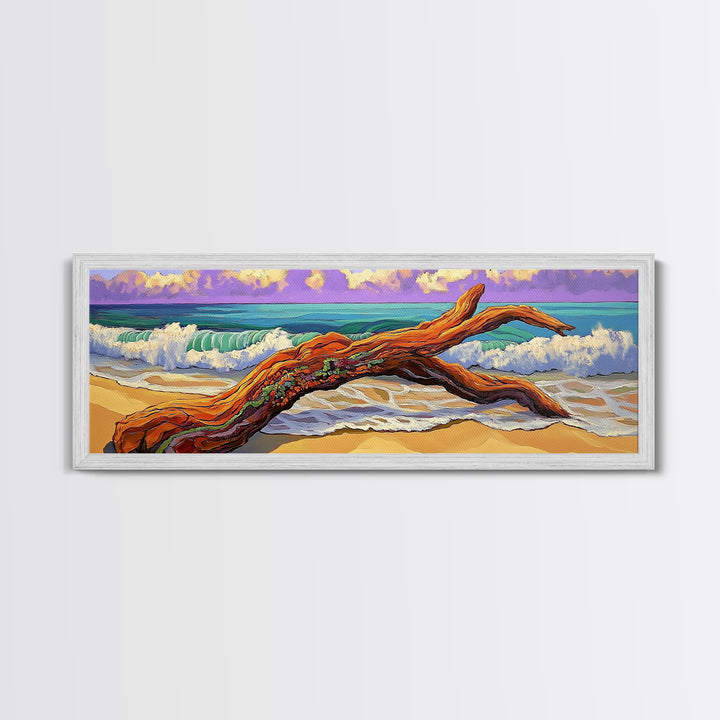 Driftwood Beach, Ocean Wave Art, Coastal Wall Art, Framed Canvas Print, Nature Home Decor, Relaxing Bathroom Art, Bedroom Art