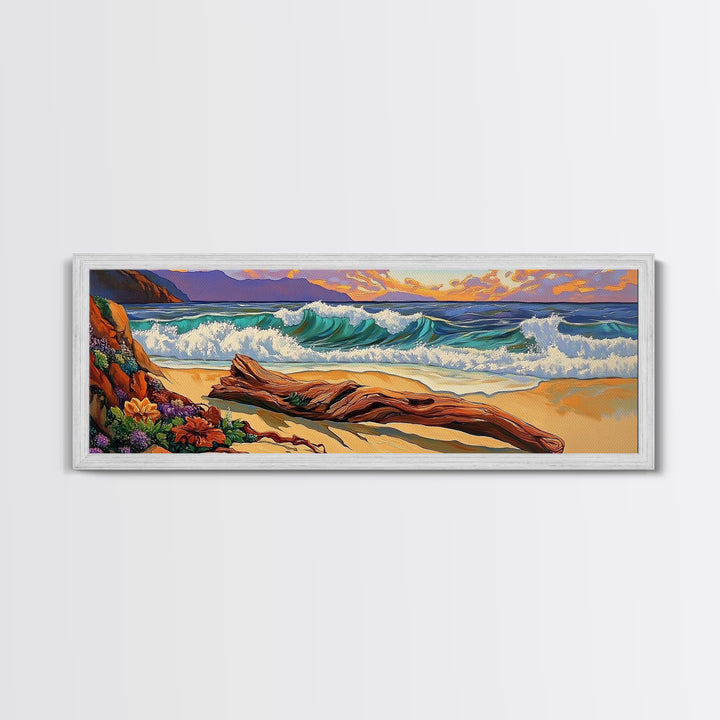 Ocean Shore Driftwood, Seaside Flower Art, Nature Landscape, Framed Canvas Print, Coastal Living Room or Beach House Wall Art