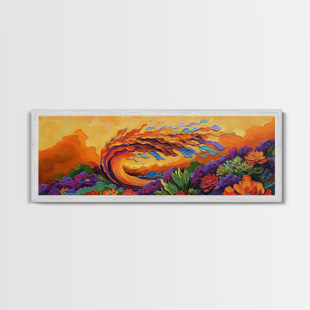 Abstract Wave, Fiery Floral Splash, Boho Landscape Art, Framed Canvas Print, Bold Living Room Statement Wall Decor