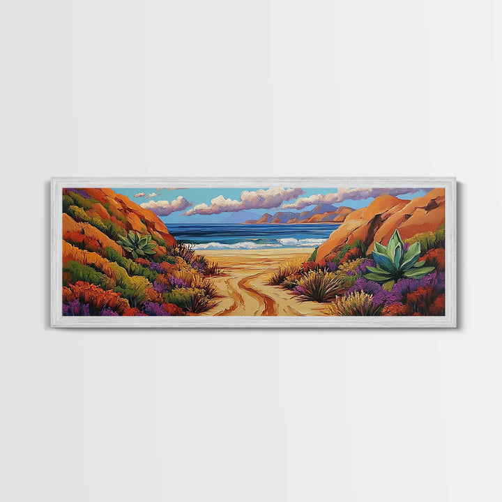 Desert Path, Beach Escape, Vibrant Nature, Scenic View, Framed Canvas Print, landscape painting, hallway art, sunset wall decor