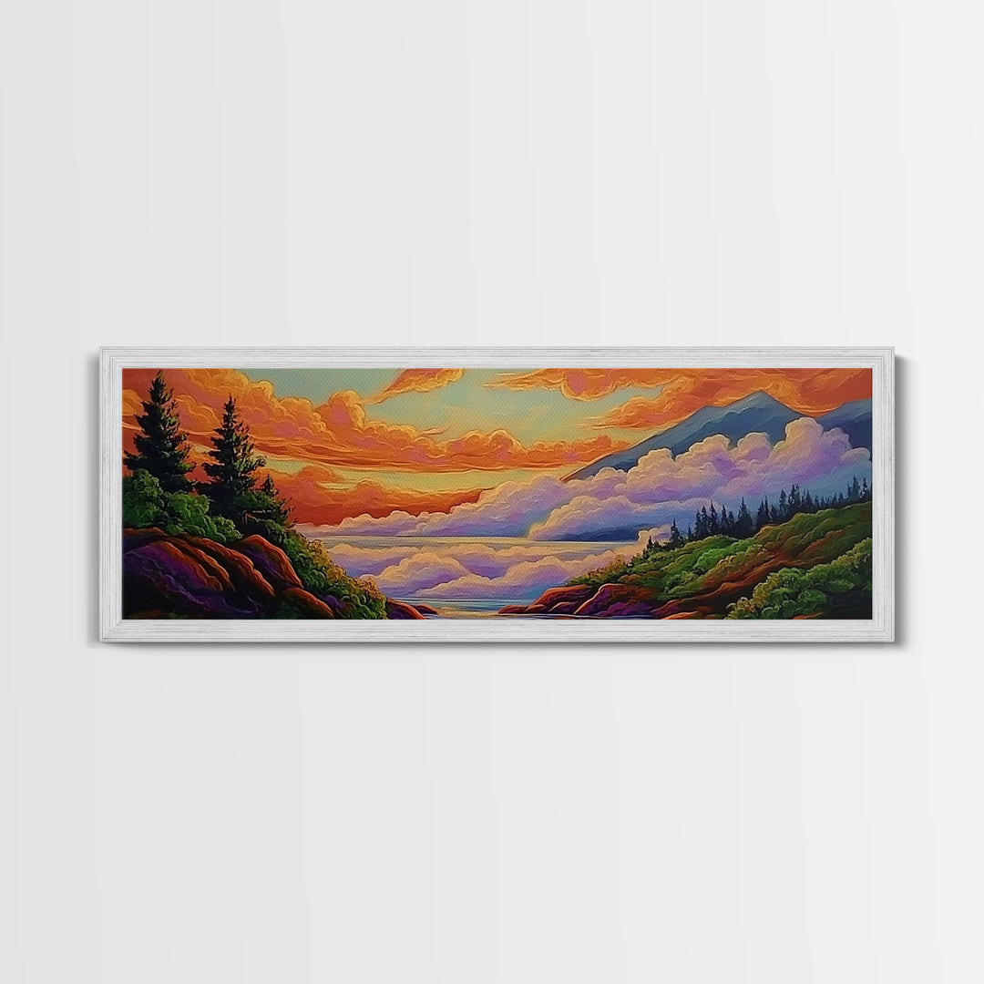 Cloudy Mountains, Sunset Glow, Forest Horizon, Tranquil Vibes, Framed Canvas Print, peaceful landscape, bedroom wall art