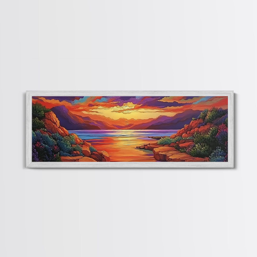 Rocky Sunset, Tranquil Cove, Mountain Glow, Ocean Calm, Framed Canvas Print, vivid sunset art, nature escape, living room decor