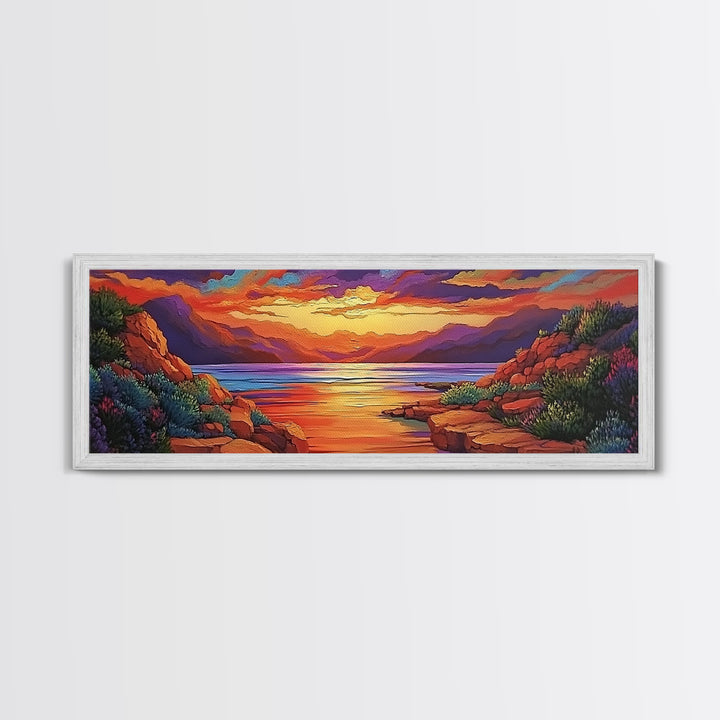 Rocky Sunset, Tranquil Cove, Mountain Glow, Ocean Calm, Framed Canvas Print, vivid sunset art, nature escape, living room decor