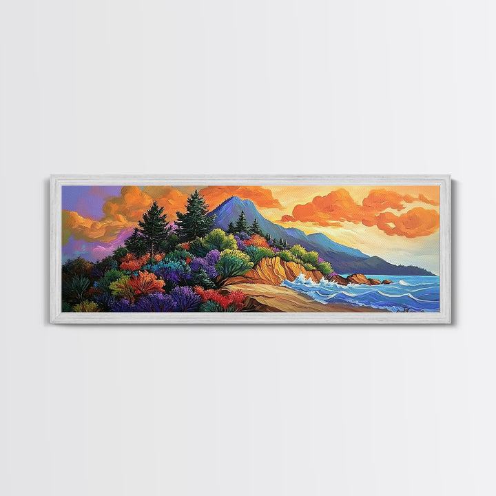 Coastal Forest, Sunset Beach, Lush Pines, Mountain Glow, Framed Canvas Print, outdoor art, nature landscape, hallway decor