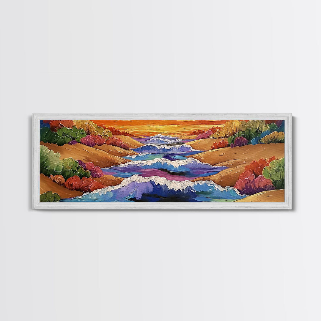 Rolling Waves, Ocean Energy, Sunset Coastline, Canvas Print, coastal living room decor, vivid surf art, bold beach vibe painting