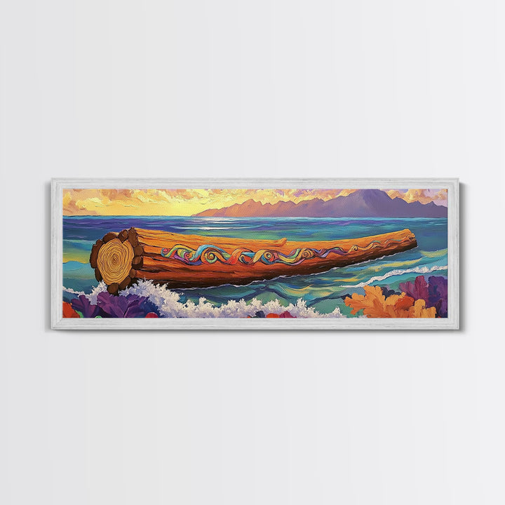 Ocean Driftwood Painting, Coastal Log Art, Vibrant Nautical Wall Scene, Framed Canvas Print, Beach House Decor, Living Room Art