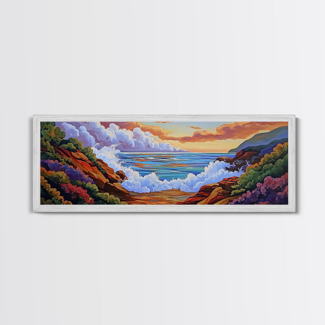 Crashing Waves Painting, Rocky Shoreline View, Sunset Coastal Landscape, Framed Canvas Print, Nautical Art, Living Room Decor