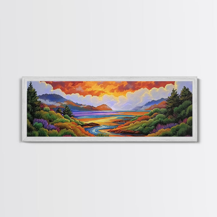 Sunset Lake Scene, Mountain View Art, Tranquil Waterscape Landscape, Framed Canvas Print, Nature Office Decor, Living Room Art