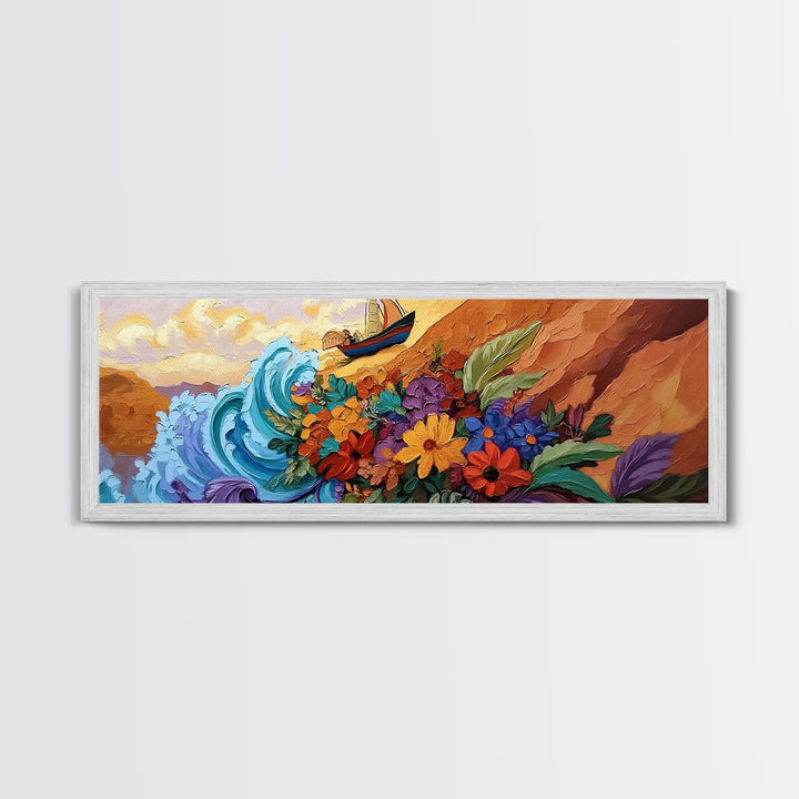 Wave and Flowers Painting, Sailboat Seaside Scene, Bold Floral Coastline Art, Framed Canvas Print, Bathroom Wall Art, Eclectic Art