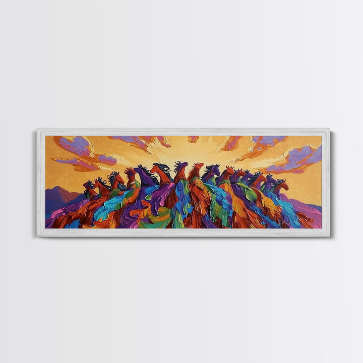 Running Wild Horses, Abstract Herd Scene, Sunset Equine Painting, Framed Canvas Print, Western Bedroom Wall Art, Living Room Decor